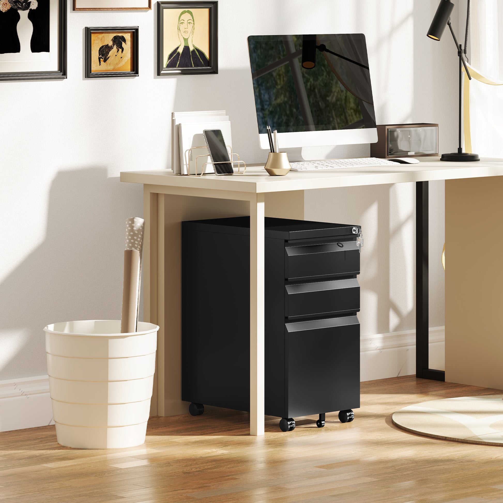 Mobile Filing Cabinet with 3 Drawers, Lockable Office Cabinet with Hanging File Folder, Pen Holder for Office, Home Office, 30 x 43.5 x 60 cm, Black
