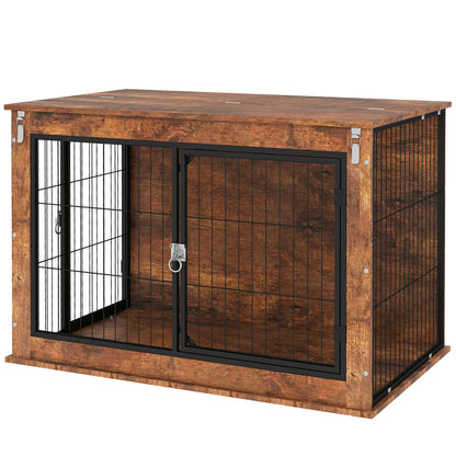 Dog Crate Furniture, Home Dog Box, Side Table for Large Dogs up to 30kg, Dog House with 2 Lockable Doors, Steel, 98 x 60 x 65.5 cm, Rustic Brown