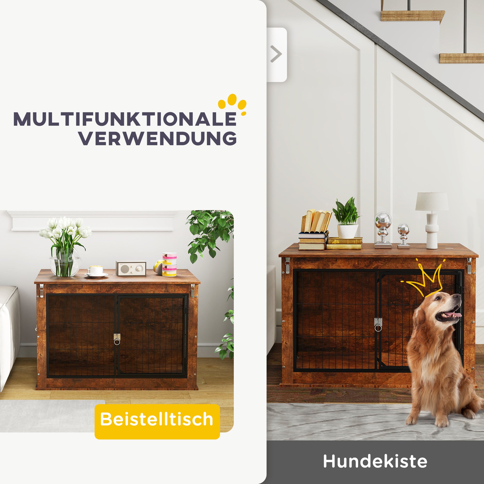 Dog Crate Furniture, Home Dog Box, Side Table for Large Dogs up to 30kg, Dog House with 2 Lockable Doors, Steel, 98 x 60 x 65.5 cm, Rustic Brown