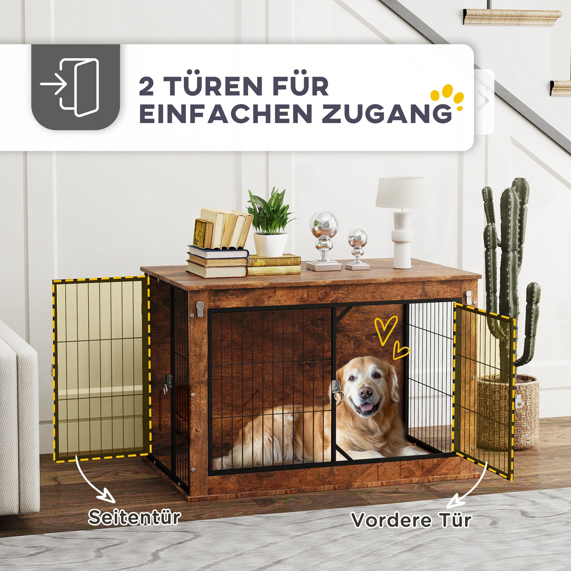 Dog Crate Furniture, Home Dog Box, Side Table for Large Dogs up to 30kg, Dog House with 2 Lockable Doors, Steel, 98 x 60 x 65.5 cm, Rustic Brown