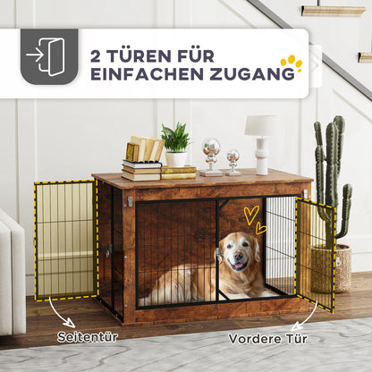 Dog Crate Furniture, Home Dog Box, Side Table for Large Dogs up to 30kg, Dog House with 2 Lockable Doors, Steel, 98 x 60 x 65.5 cm, Rustic Brown