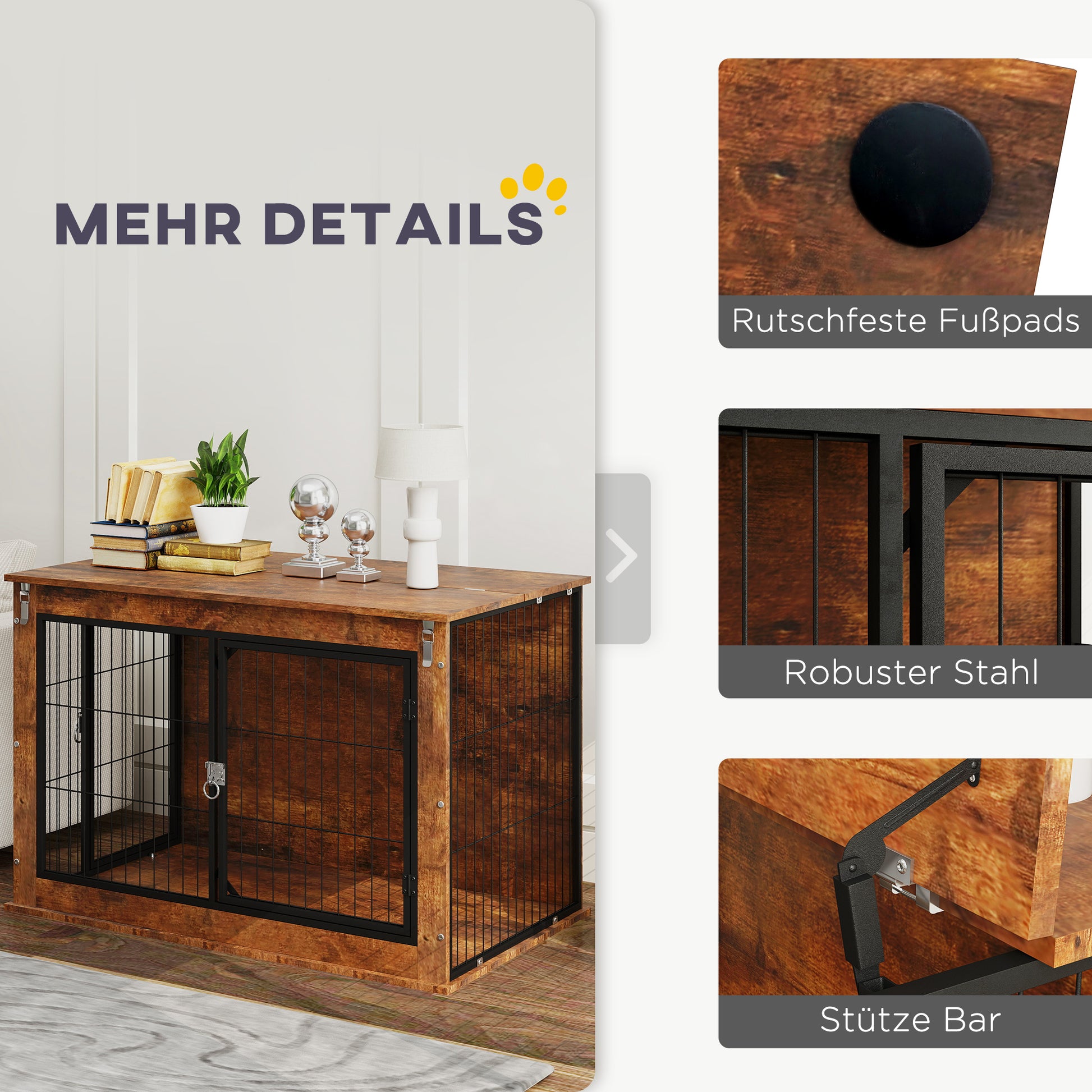 Dog Crate Furniture, Home Dog Box, Side Table for Large Dogs up to 30kg, Dog House with 2 Lockable Doors, Steel, 98 x 60 x 65.5 cm, Rustic Brown