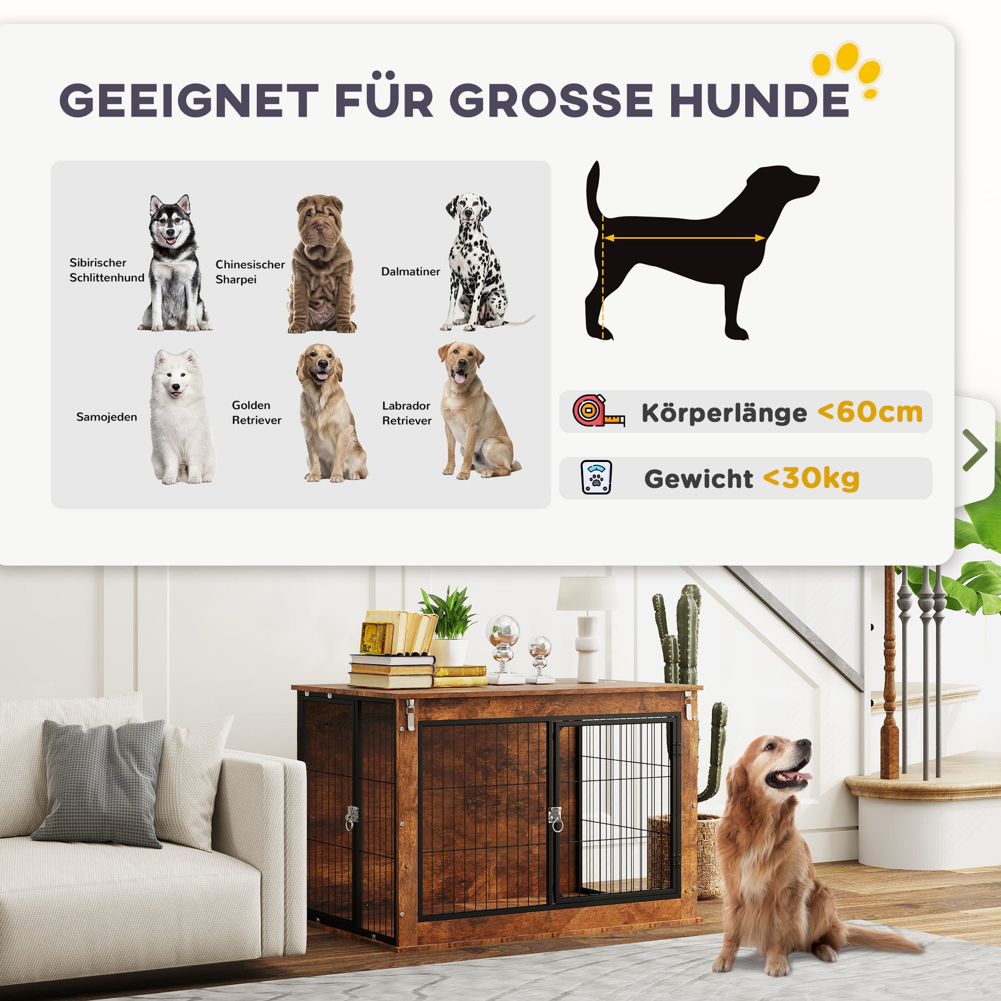 Dog Crate Furniture, Home Dog Box, Side Table for Large Dogs up to 30kg, Dog House with 2 Lockable Doors, Steel, 98 x 60 x 65.5 cm, Rustic Brown