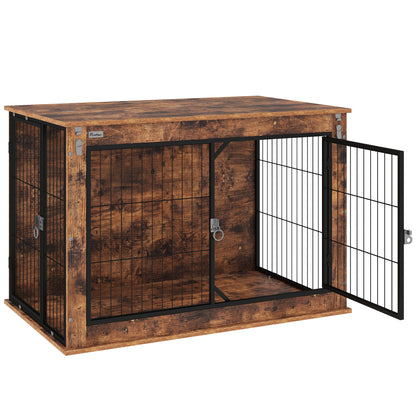 Dog Crate Furniture, Home Dog Box, Side Table for Large Dogs up to 30kg, Dog House with 2 Lockable Doors, Steel, 98 x 60 x 65.5 cm, Rustic Brown