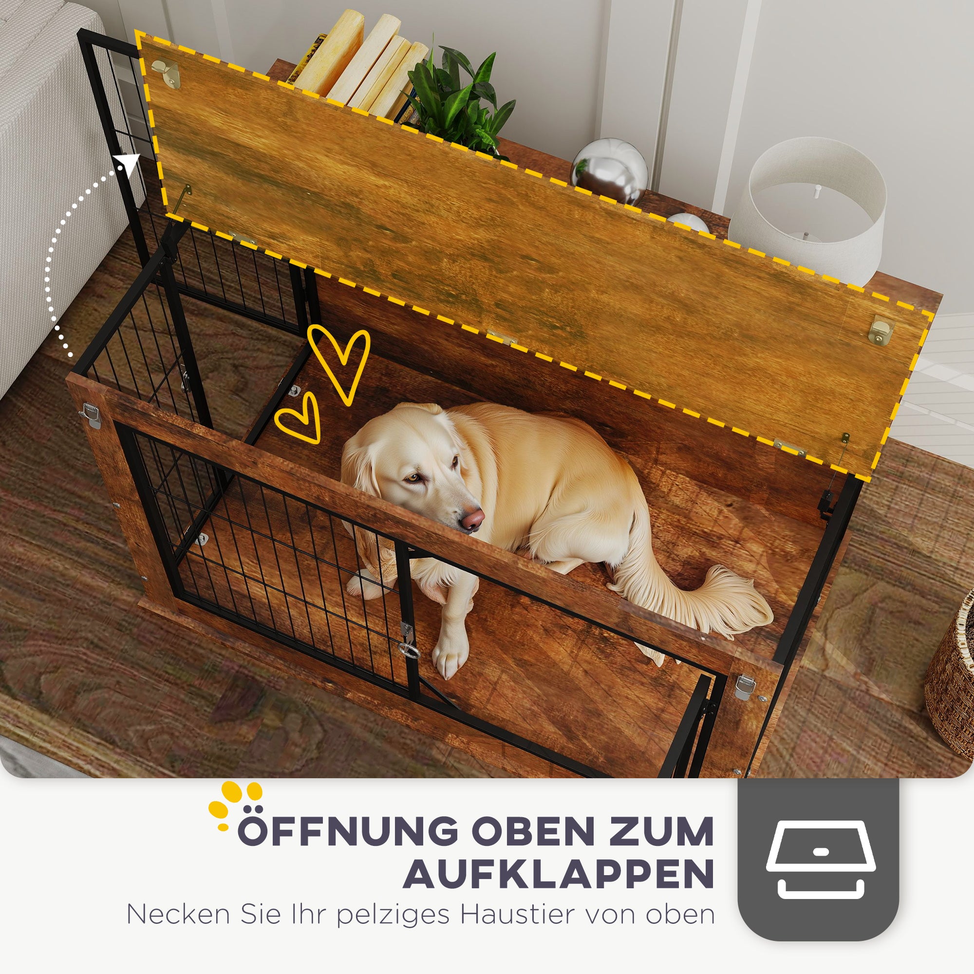 Dog Crate Furniture, Home Dog Box, Side Table for Large Dogs up to 30kg, Dog House with 2 Lockable Doors, Steel, 98 x 60 x 65.5 cm, Rustic Brown
