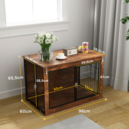 Dog Crate Furniture, Home Dog Box, Side Table for Large Dogs up to 30kg, Dog House with 2 Lockable Doors, Steel, 98 x 60 x 65.5 cm, Rustic Brown