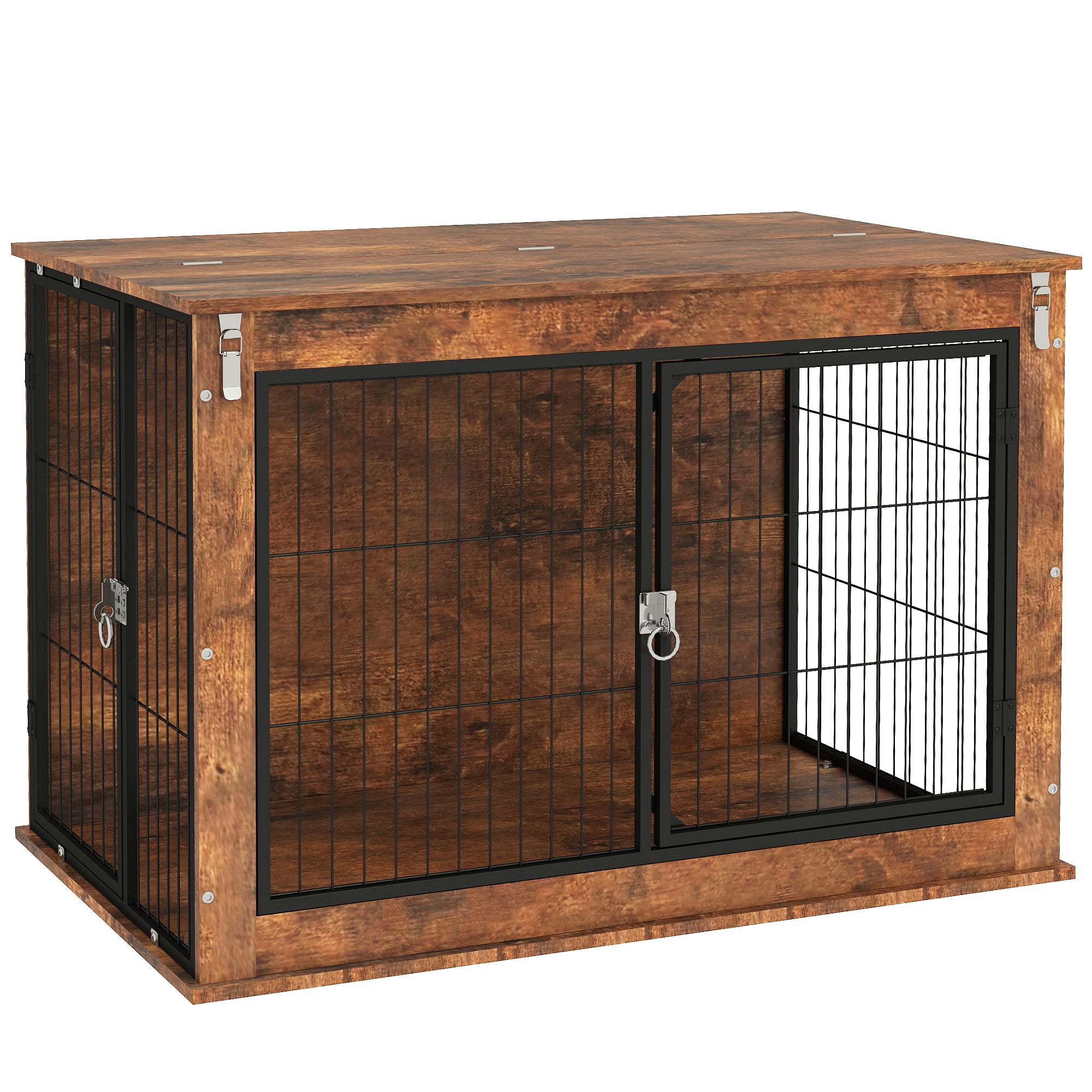 Dog Crate Furniture, Home Dog Box, Side Table for Large Dogs up to 30kg, Dog House with 2 Lockable Doors, Steel, 98 x 60 x 65.5 cm, Rustic Brown