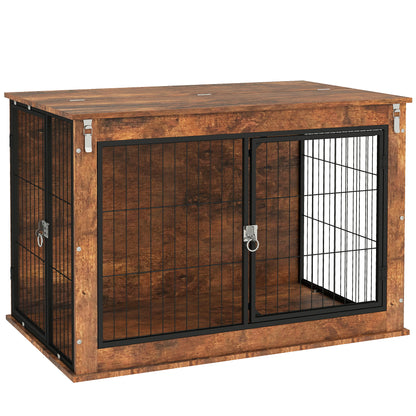 Dog Crate Furniture, Home Dog Box, Side Table for Large Dogs up to 30kg, Dog House with 2 Lockable Doors, Steel, 98 x 60 x 65.5 cm, Rustic Brown