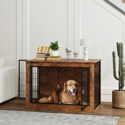 Dog Crate Furniture, Home Dog Box, Side Table for Large Dogs up to 30kg, Dog House with 2 Lockable Doors, Steel, 98 x 60 x 65.5 cm, Rustic Brown