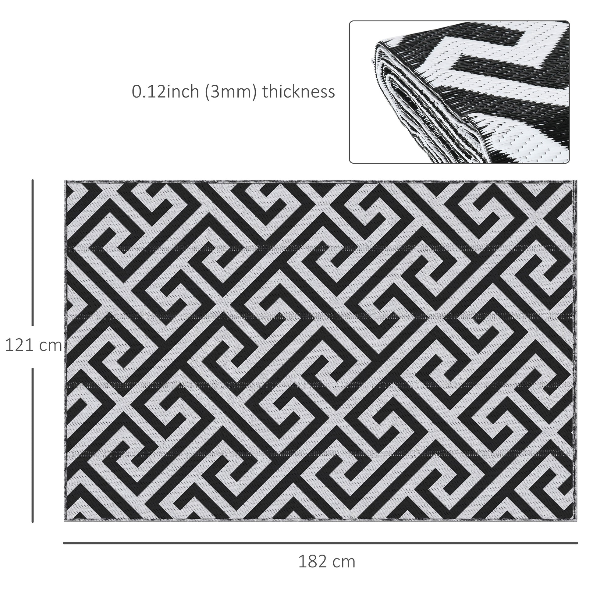 Outdoor Mat, Plastic Rug with Double-Sided Design, Water-Resistant Balcony Rug, for Patio, Camping, Black+White, 121 x 182 cm