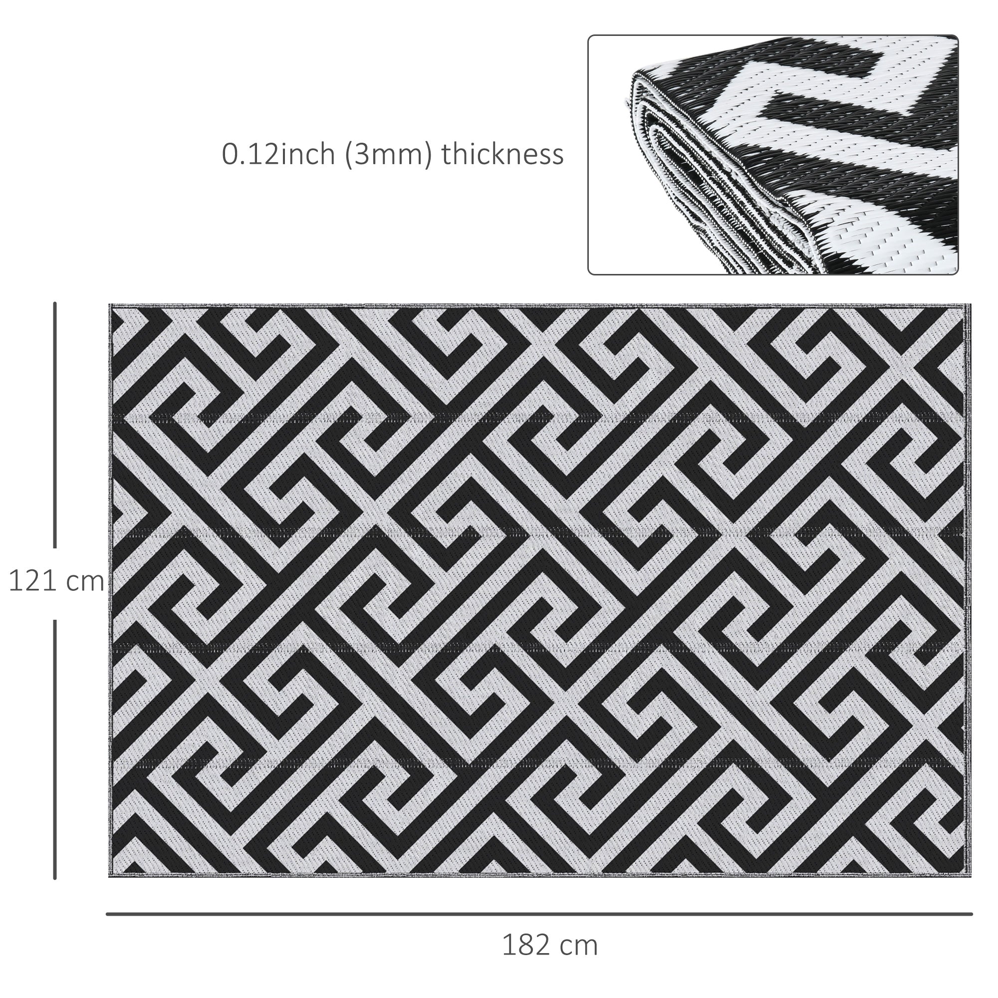 Outdoor Mat, Plastic Rug with Double-Sided Design, Water-Resistant Balcony Rug, for Patio, Camping, Black+White, 121 x 182 cm