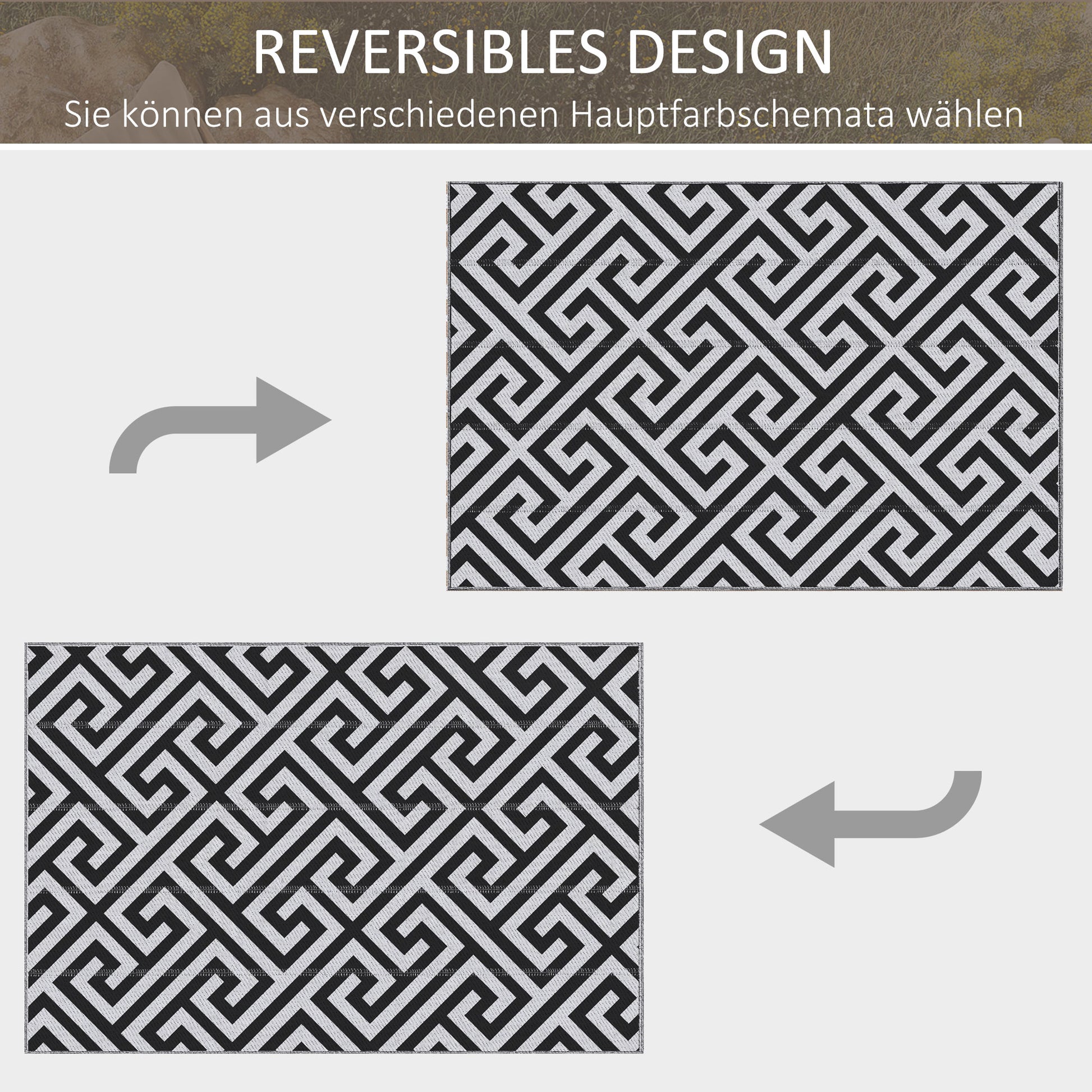 Outdoor Mat, Plastic Rug with Double-Sided Design, Water-Resistant Balcony Rug, for Patio, Camping, Black+White, 121 x 182 cm