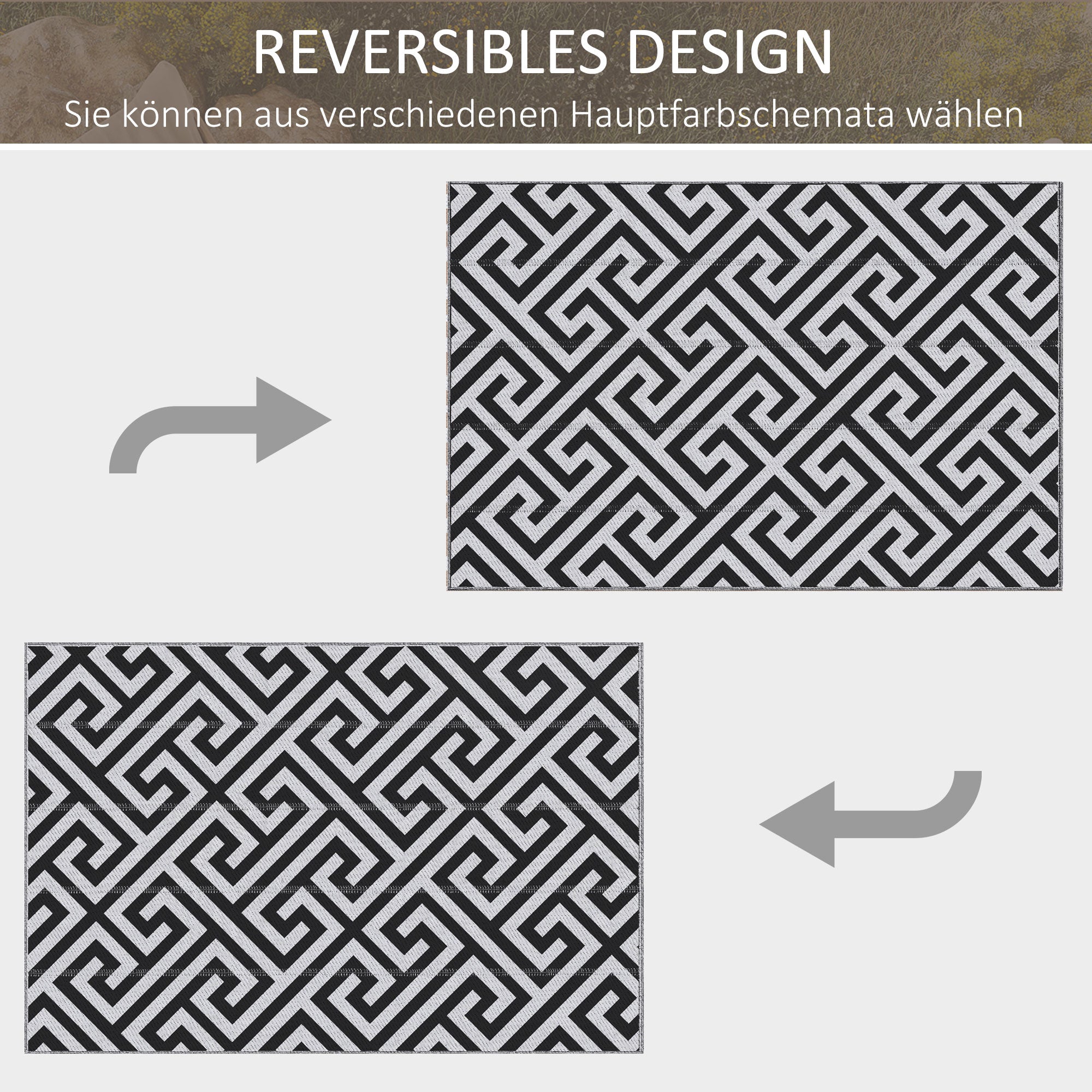 Outdoor Mat, Plastic Rug with Double-Sided Design, Water-Resistant Balcony Rug, for Patio, Camping, Black+White, 121 x 182 cm