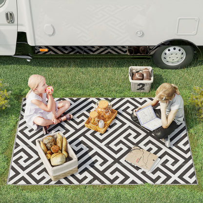 Outdoor Mat, Plastic Rug with Double-Sided Design, Water-Resistant Balcony Rug, for Patio, Camping, Black+White, 121 x 182 cm