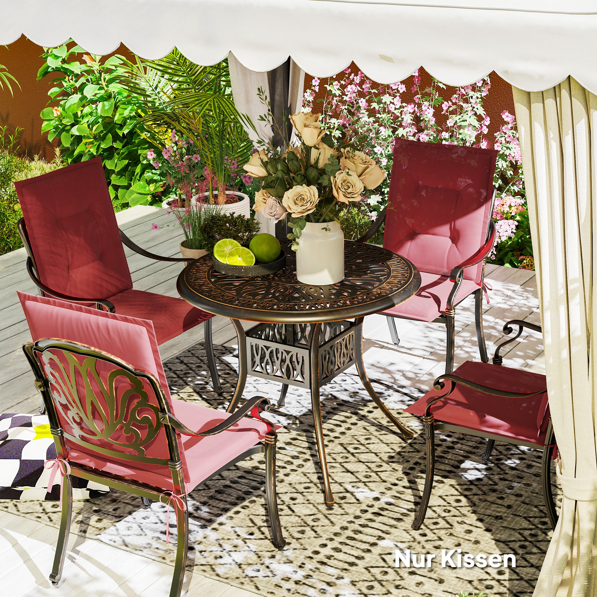 4 Piece Seat Cushion Set 108 x 50 x 5 cm Chair Cushions with Straps, Outdoor Indoor Seat Pad, Seat Pillow, Bench Cushion for Garden Furniture, Dining Chair, Burgundy