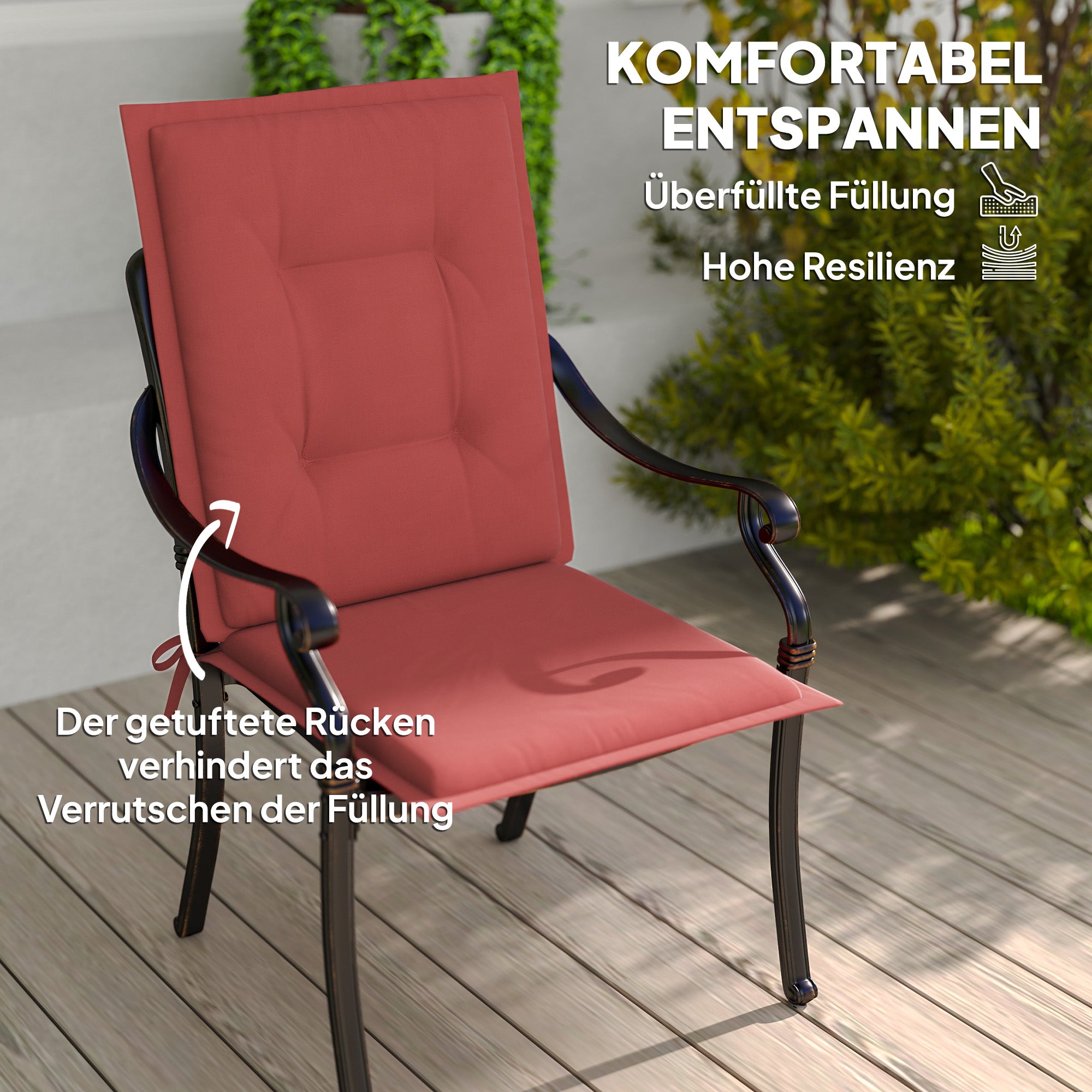 4 Piece Seat Cushion Set 108 x 50 x 5 cm Chair Cushions with Straps, Outdoor Indoor Seat Pad, Seat Pillow, Bench Cushion for Garden Furniture, Dining Chair, Burgundy