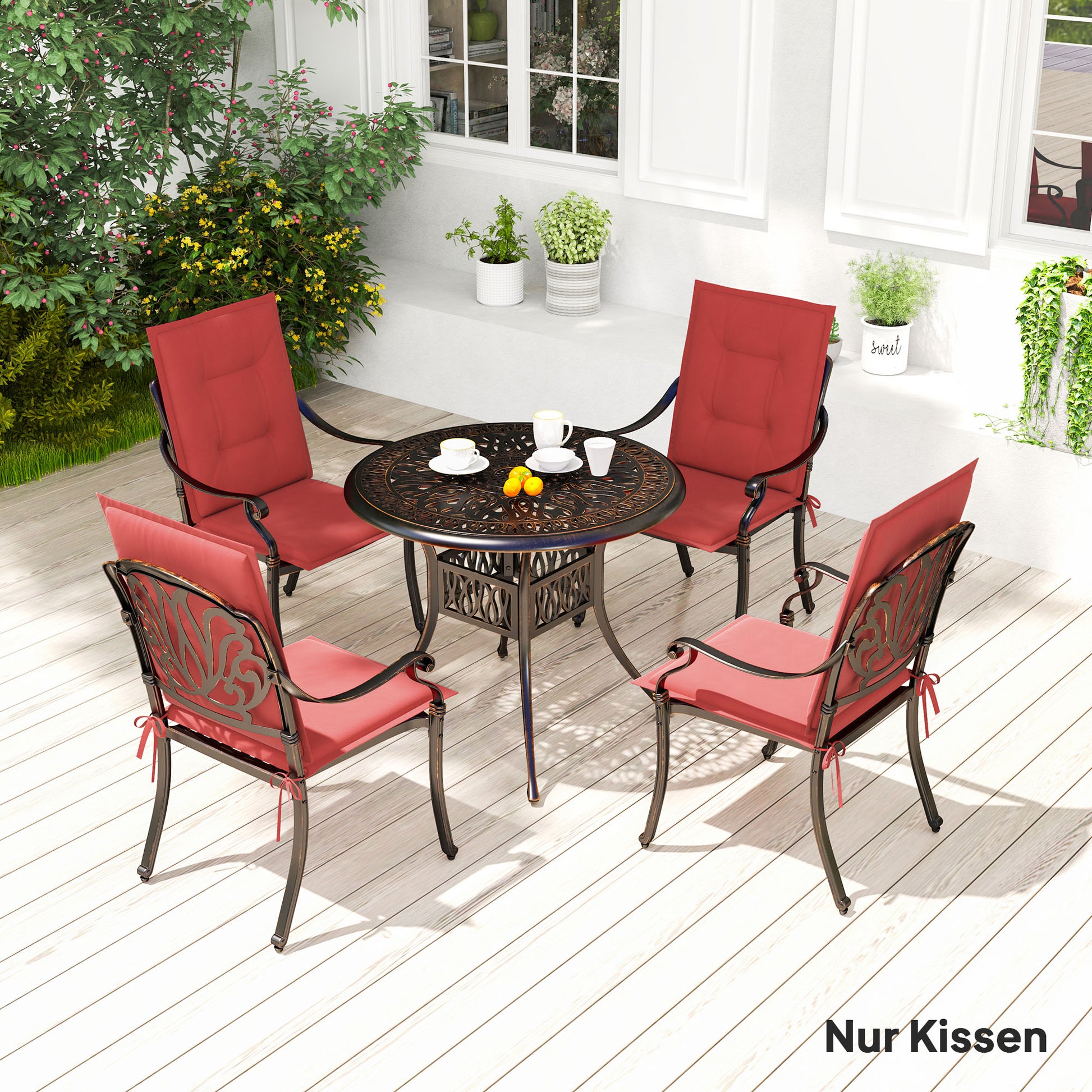 4 Piece Seat Cushion Set 108 x 50 x 5 cm Chair Cushions with Straps, Outdoor Indoor Seat Pad, Seat Pillow, Bench Cushion for Garden Furniture, Dining Chair, Burgundy