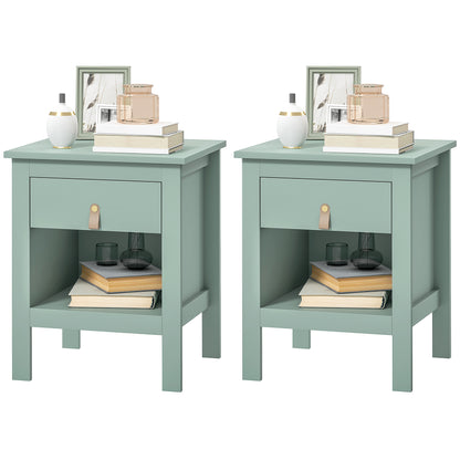 Set of 2 Bedside Tables Nightstand with Drawer and Open Compartment, Modern Style for Bedroom, Living Room, 45 x 40 x 55 cm, Green