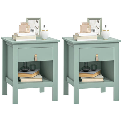 Set of 2 Bedside Tables Nightstand with Drawer and Open Compartment, Modern Style for Bedroom, Living Room, 45 x 40 x 55 cm, Green