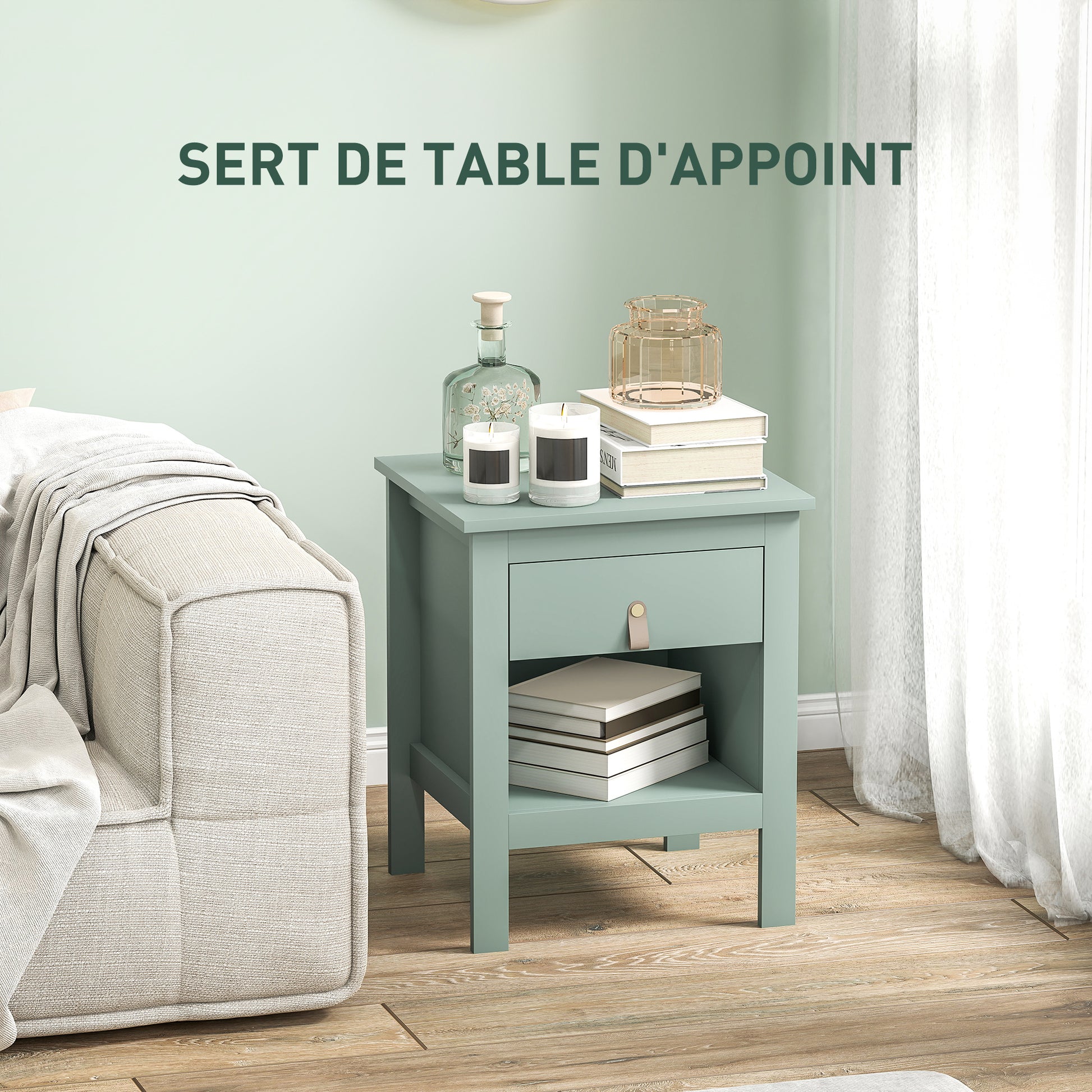Set of 2 Bedside Tables Nightstand with Drawer and Open Compartment, Modern Style for Bedroom, Living Room, 45 x 40 x 55 cm, Green
