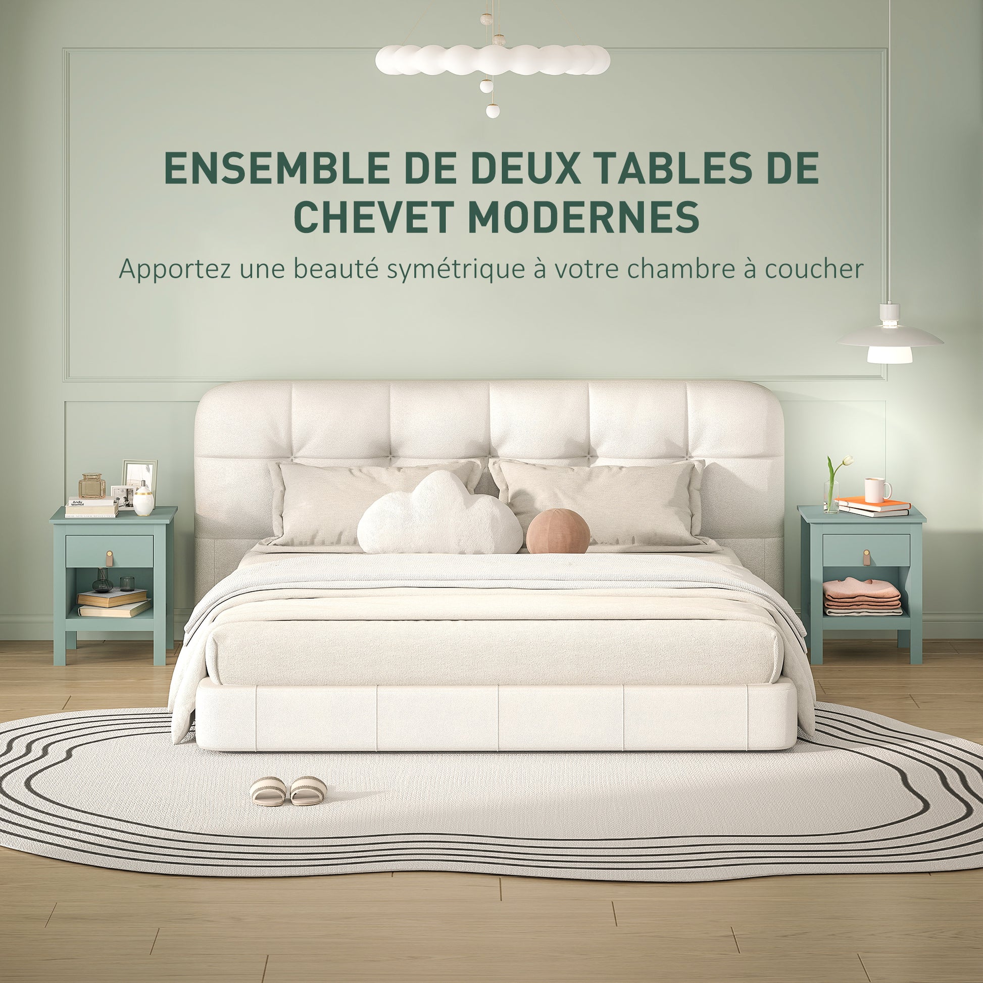 Set of 2 Bedside Tables Nightstand with Drawer and Open Compartment, Modern Style for Bedroom, Living Room, 45 x 40 x 55 cm, Green