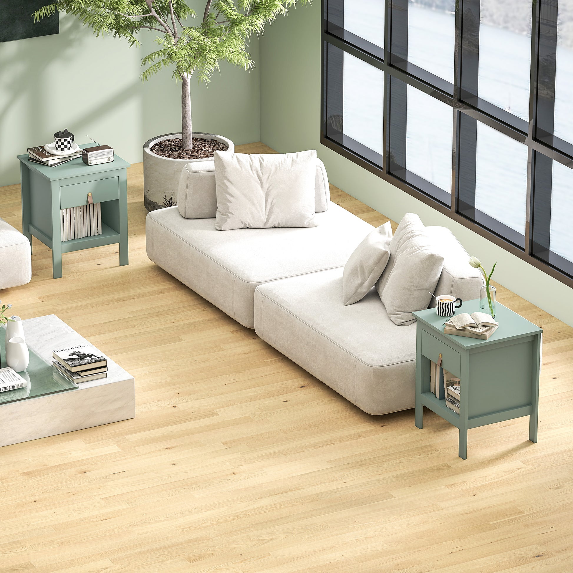 Set of 2 Bedside Tables Nightstand with Drawer and Open Compartment, Modern Style for Bedroom, Living Room, 45 x 40 x 55 cm, Green