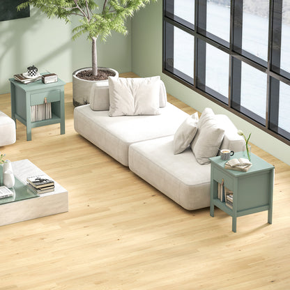 Set of 2 Bedside Tables Nightstand with Drawer and Open Compartment, Modern Style for Bedroom, Living Room, 45 x 40 x 55 cm, Green