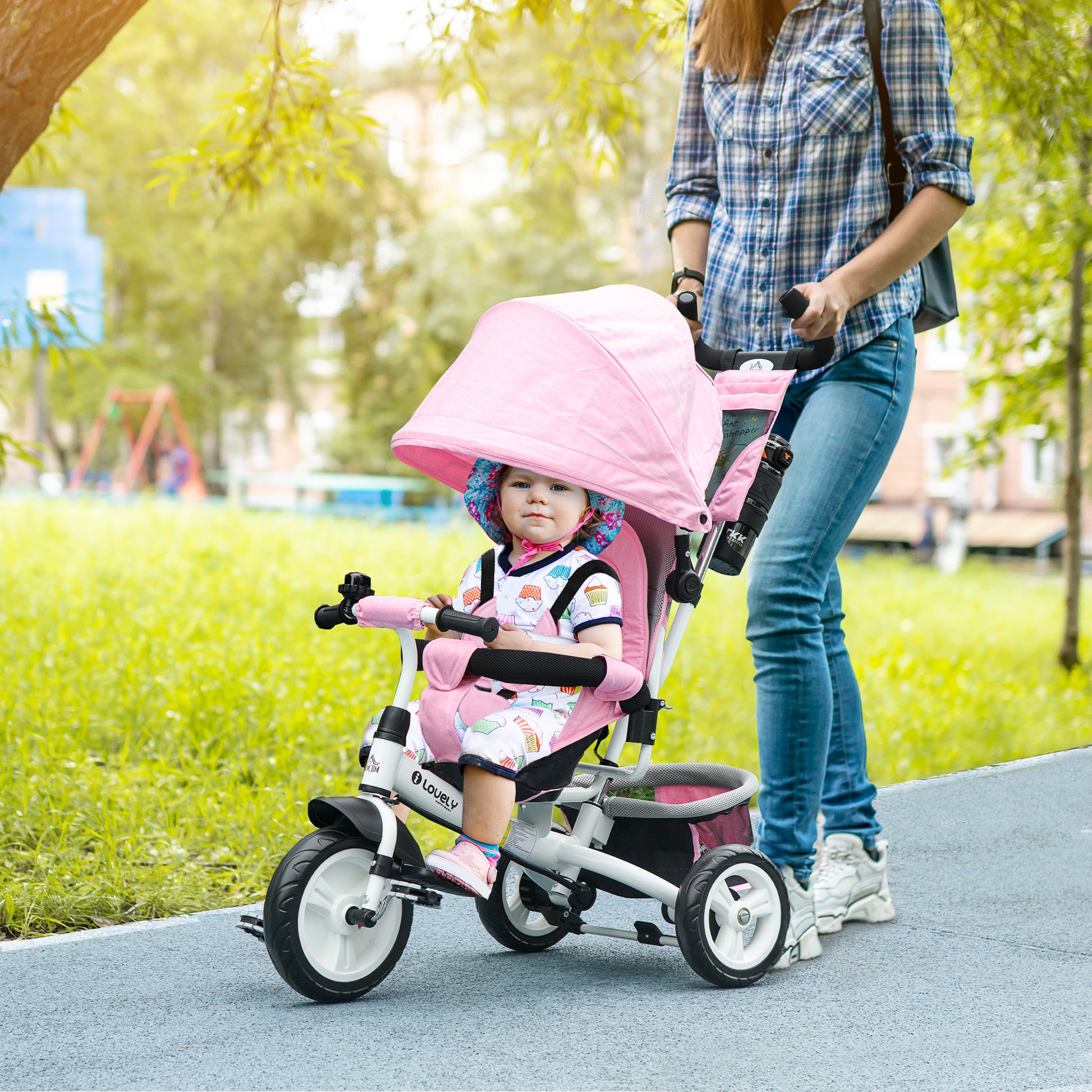 Baby Tricycle Evolutionary Tricycle for Kids with Foldable Canopy Telescopic and Detachable Parent Handle Mom's Bag and Bottle Holder 102x49x102 cm Pink