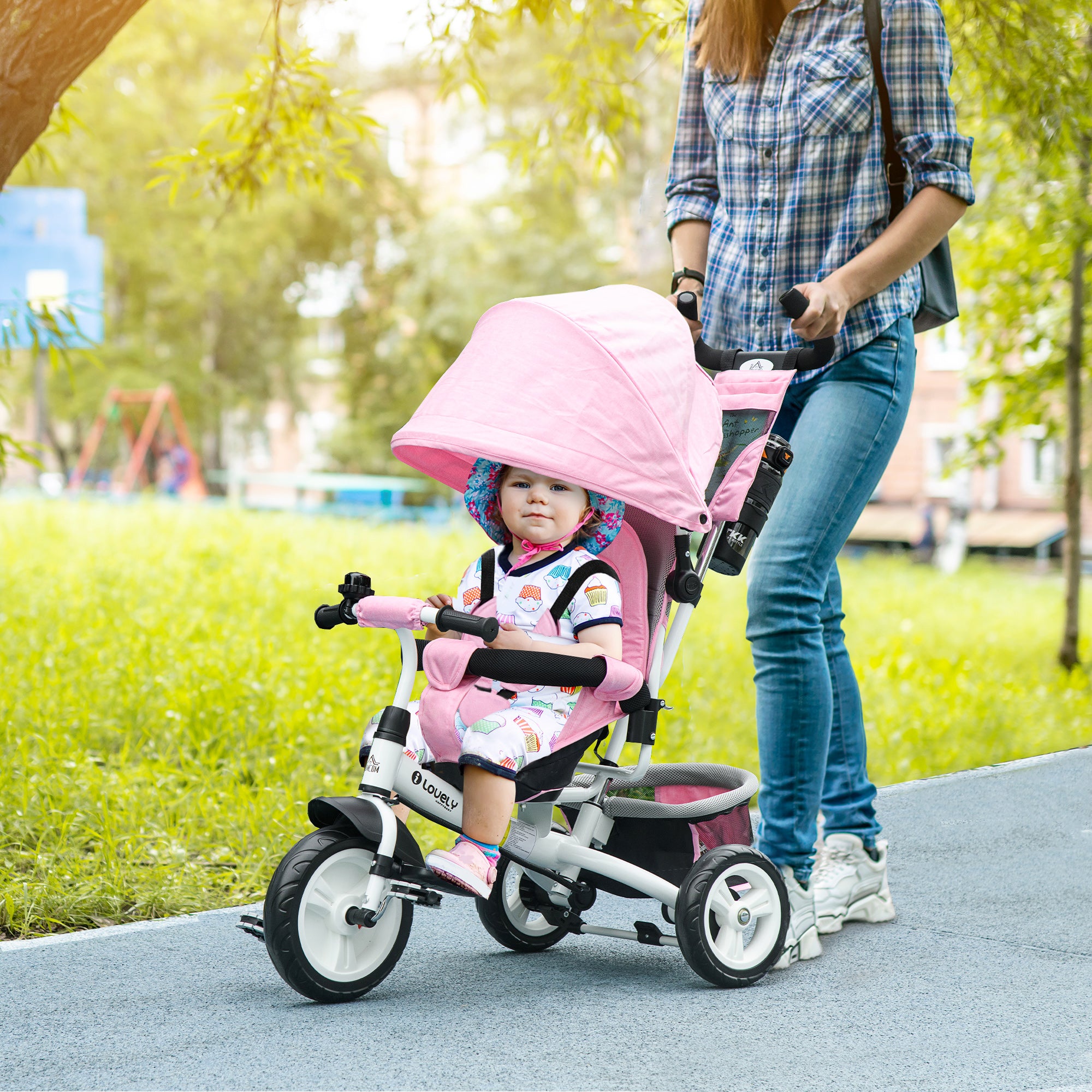 Baby Tricycle Evolutionary Tricycle for Kids with Foldable Canopy Telescopic and Detachable Parent Handle Mom's Bag and Bottle Holder 102x49x102 cm Pink