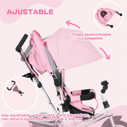 Baby Tricycle Evolutionary Tricycle for Kids with Foldable Canopy Telescopic and Detachable Parent Handle Mom's Bag and Bottle Holder 102x49x102 cm Pink