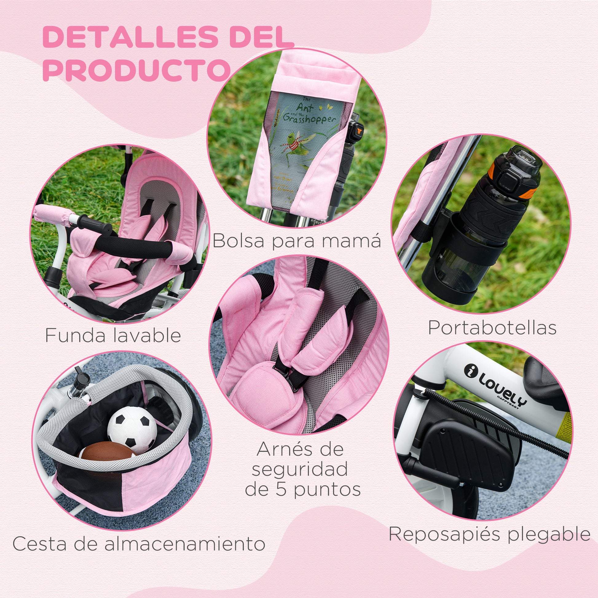 Baby Tricycle Evolutionary Tricycle for Kids with Foldable Canopy Telescopic and Detachable Parent Handle Mom's Bag and Bottle Holder 102x49x102 cm Pink