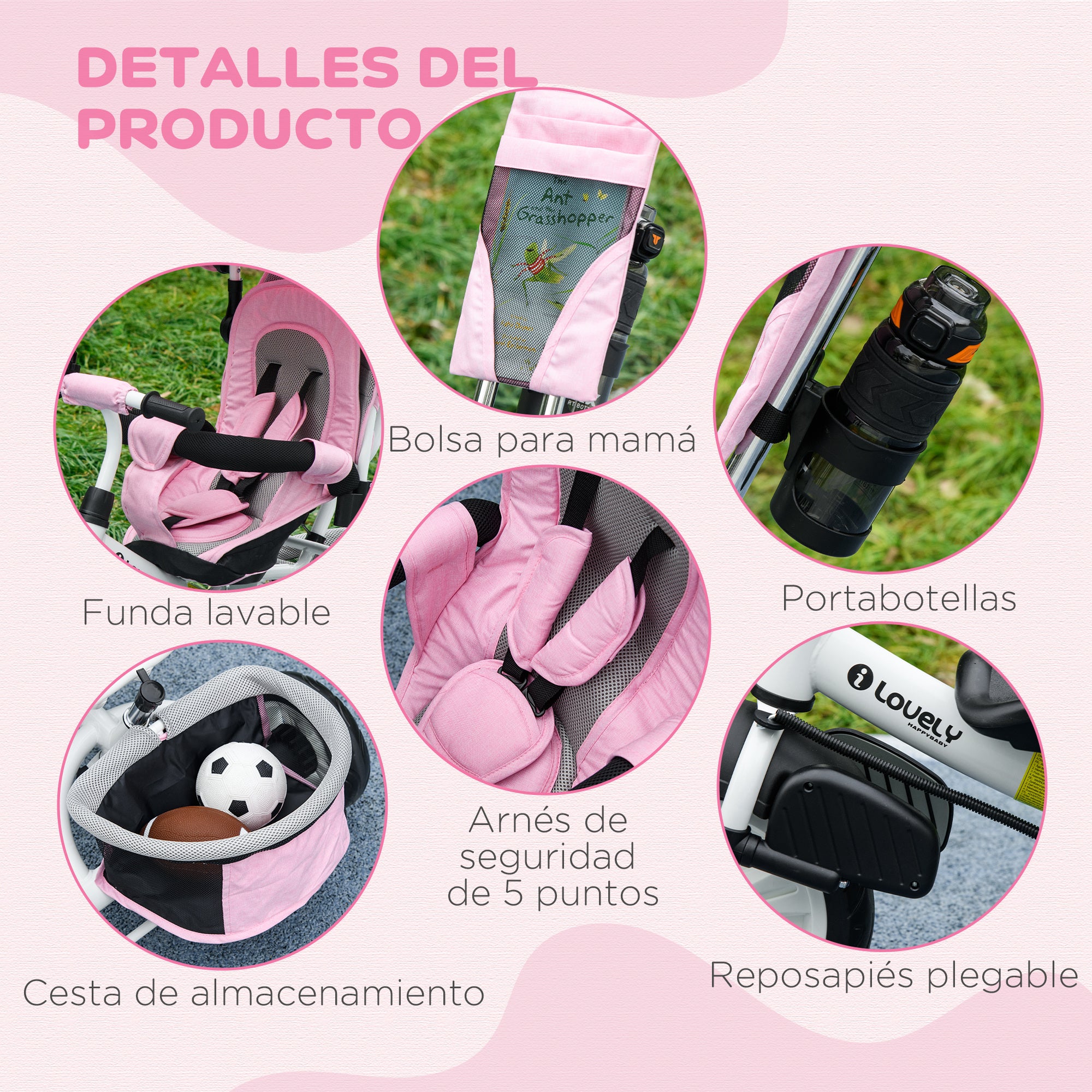 Baby Tricycle Evolutionary Tricycle for Kids with Foldable Canopy Telescopic and Detachable Parent Handle Mom's Bag and Bottle Holder 102x49x102 cm Pink