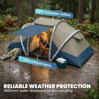 Inflatable 4-Person Tent — Fast Setup Outdoor Camping Tent with Air Pump, 2 Bedrooms, Mesh Windows, Fluorescent Pegs, Front Awning, Waterproof Oxford Fabric