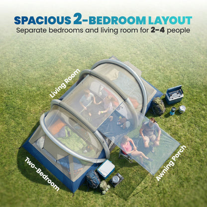 Inflatable 4-Person Tent — Fast Setup Outdoor Camping Tent with Air Pump, 2 Bedrooms, Mesh Windows, Fluorescent Pegs, Front Awning, Waterproof Oxford Fabric
