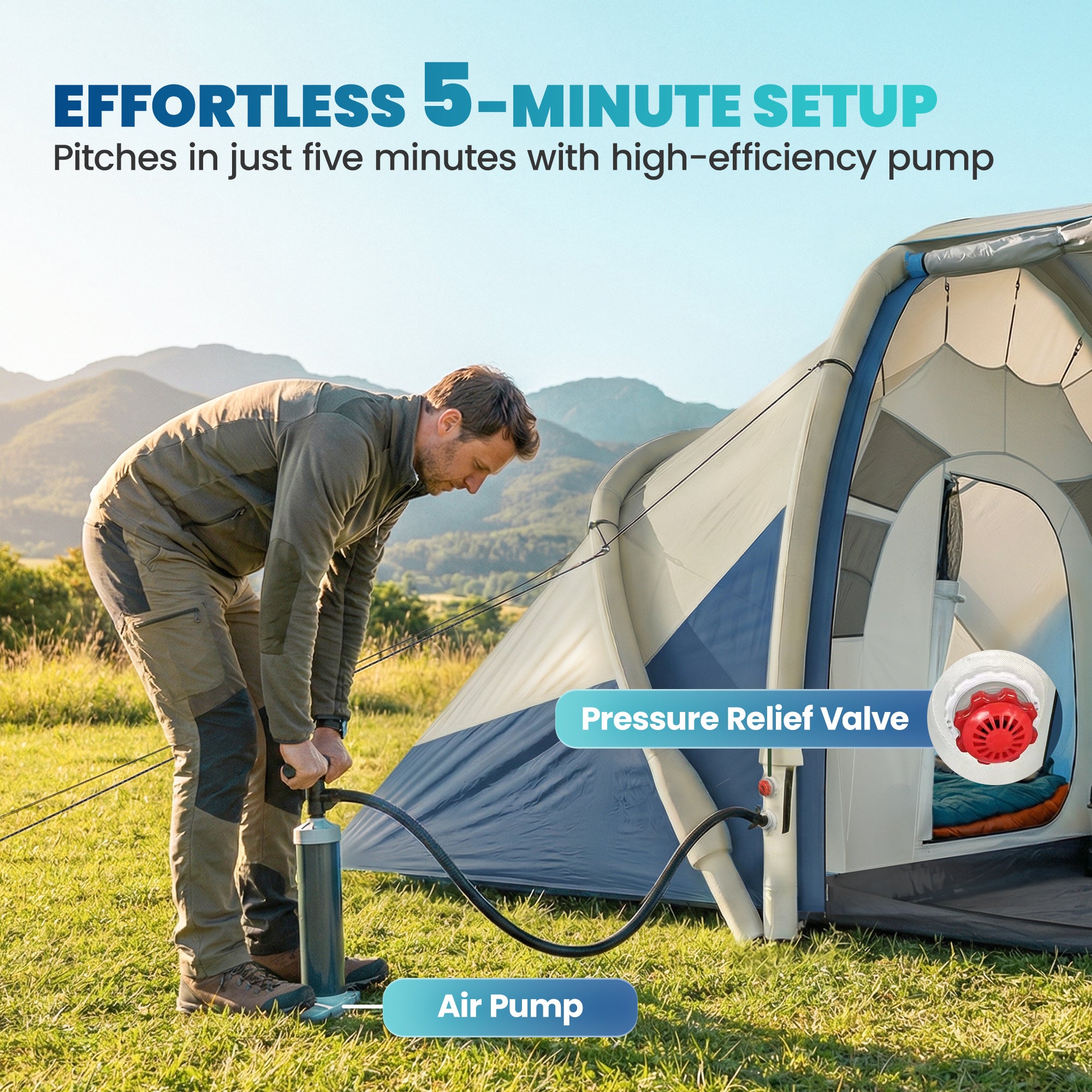 Inflatable 4-Person Tent — Fast Setup Outdoor Camping Tent with Air Pump, 2 Bedrooms, Mesh Windows, Fluorescent Pegs, Front Awning, Waterproof Oxford Fabric