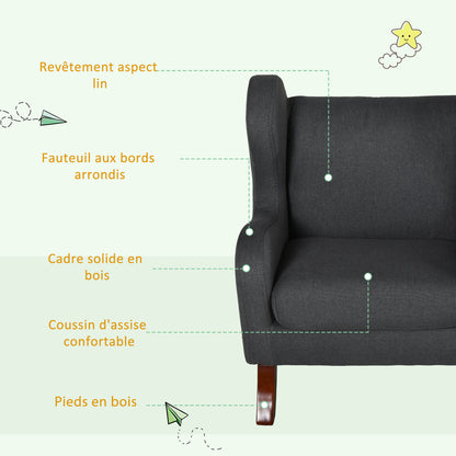 Kids Chair with Ears, High Comfort, Armrests, Cushioned Seat, High Density Foam Filling, Hevea Wood Legs, Linen Upholstery in Gray