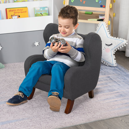 Kids Chair with Ears, High Comfort, Armrests, Cushioned Seat, High Density Foam Filling, Hevea Wood Legs, Linen Upholstery in Gray
