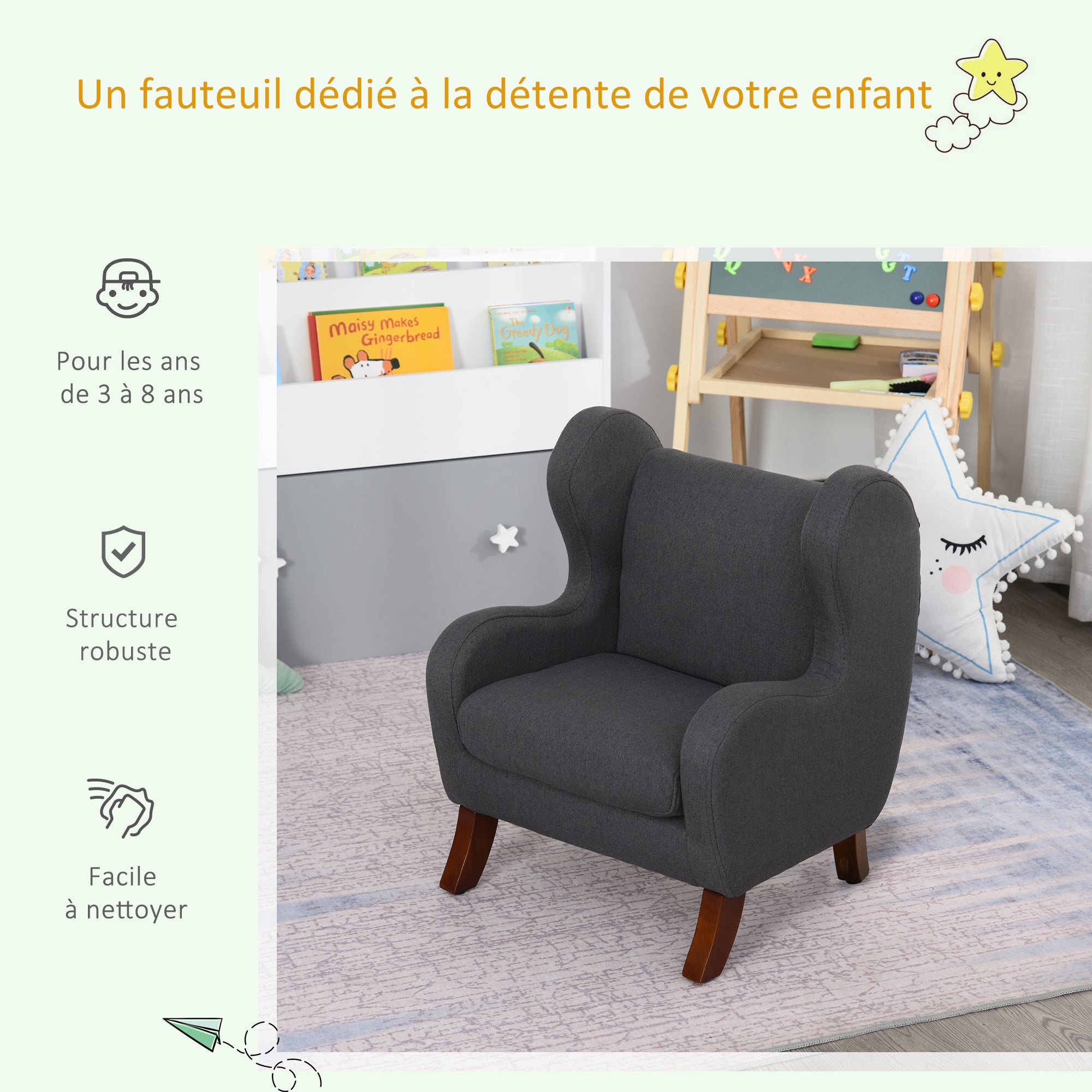 Kids Chair with Ears, High Comfort, Armrests, Cushioned Seat, High Density Foam Filling, Hevea Wood Legs, Linen Upholstery in Gray