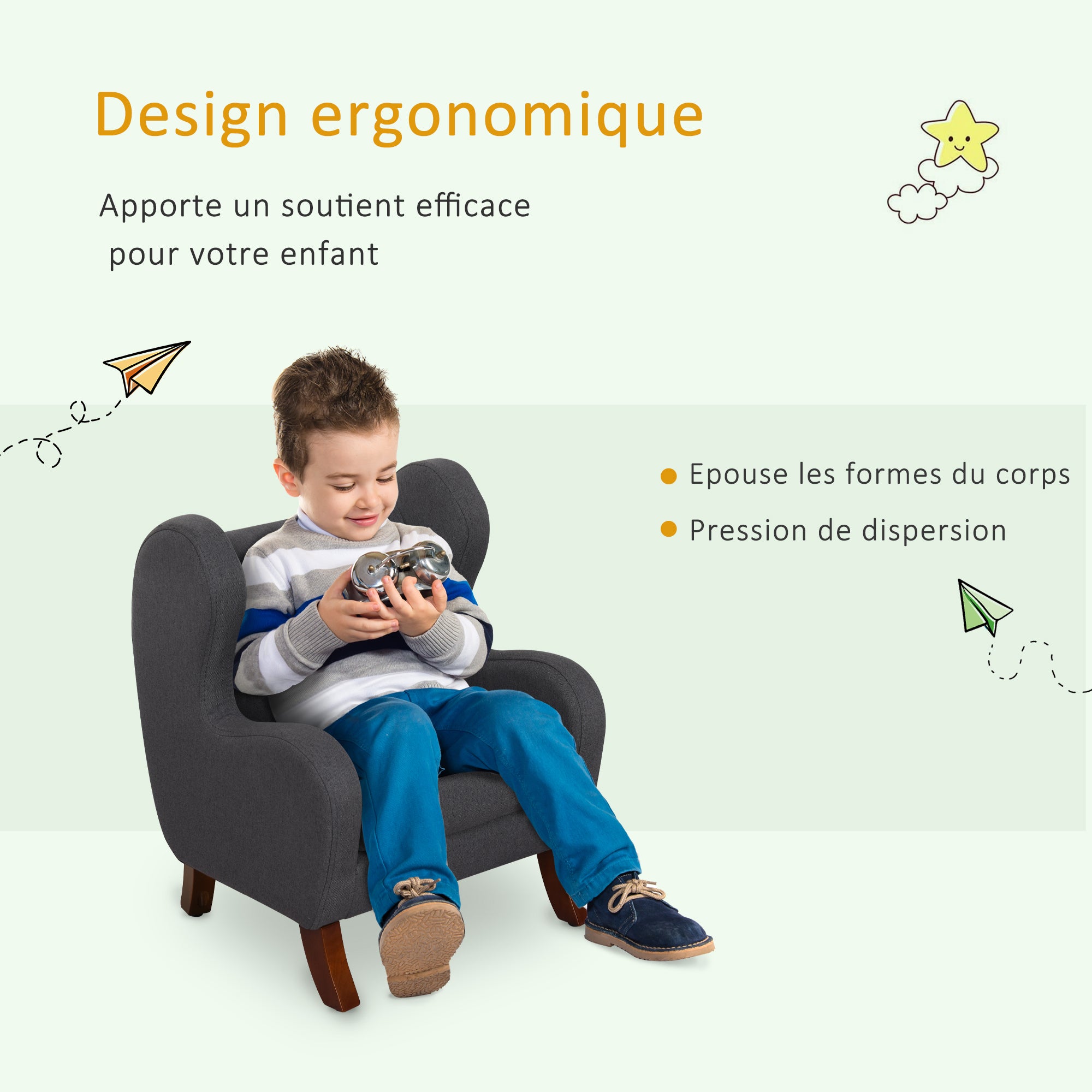 Kids Chair with Ears, High Comfort, Armrests, Cushioned Seat, High Density Foam Filling, Hevea Wood Legs, Linen Upholstery in Gray