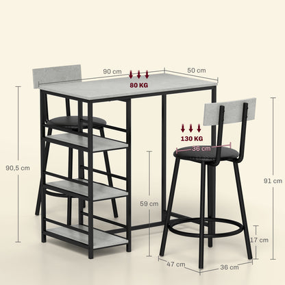 High Bar Table Set with 2 Stools High Kitchen Table with Stools Side Shelves Padded Seat and Footrest Bar for Dining Gray