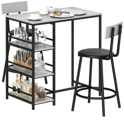 High Bar Table Set with 2 Stools High Kitchen Table with Stools Side Shelves Padded Seat and Footrest Bar for Dining Gray