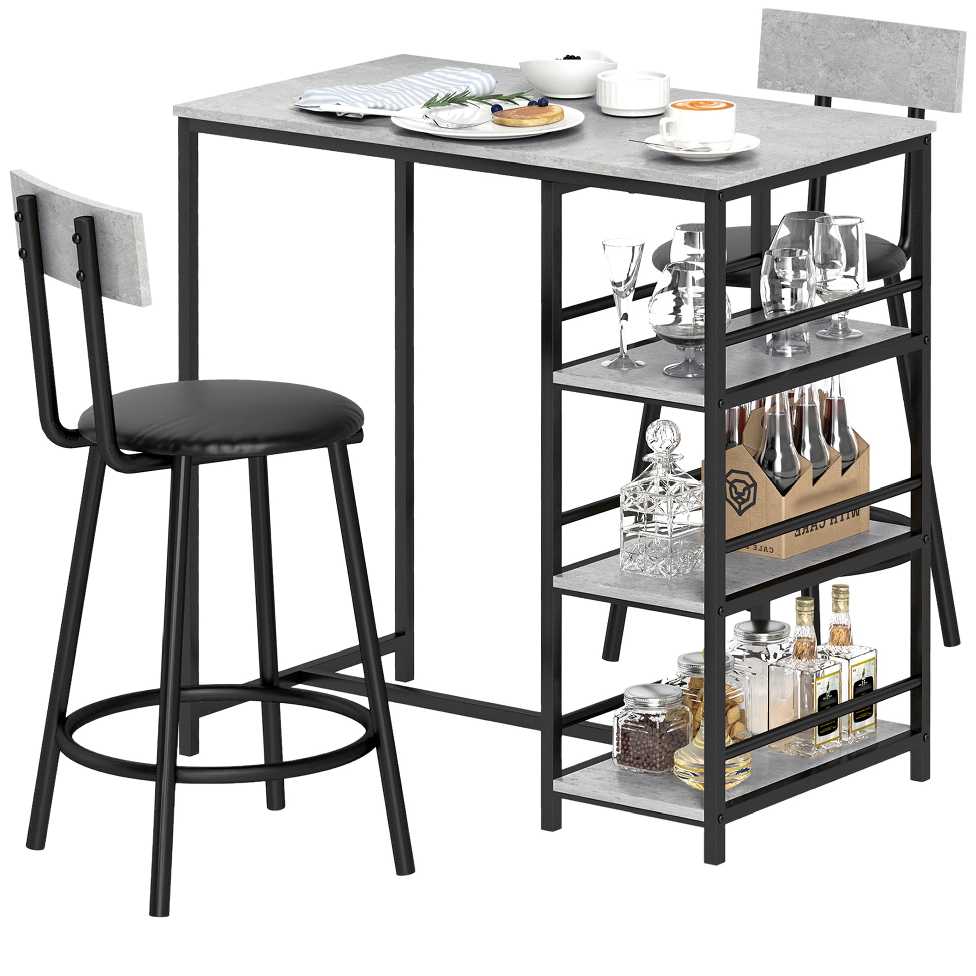 High Bar Table Set with 2 Stools High Kitchen Table with Stools Side Shelves Padded Seat and Footrest Bar for Dining Gray