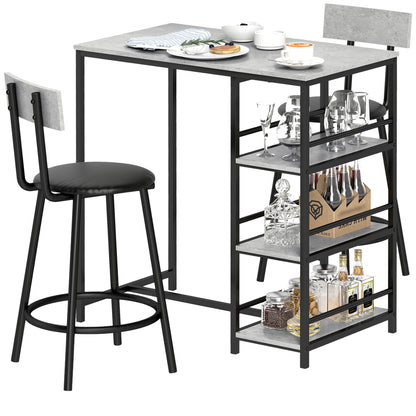 High Bar Table Set with 2 Stools High Kitchen Table with Stools Side Shelves Padded Seat and Footrest Bar for Dining Gray