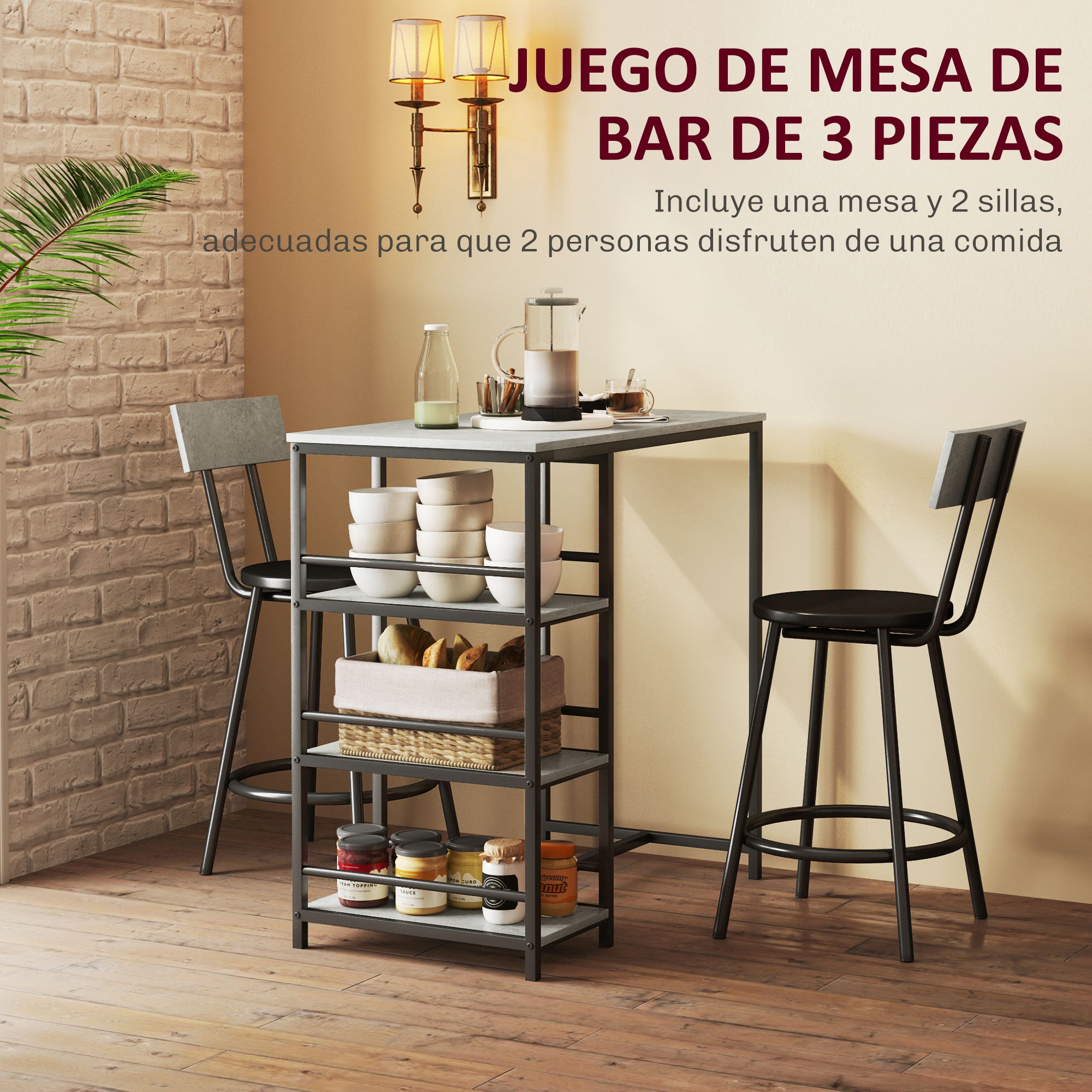 High Bar Table Set with 2 Stools High Kitchen Table with Stools Side Shelves Padded Seat and Footrest Bar for Dining Gray