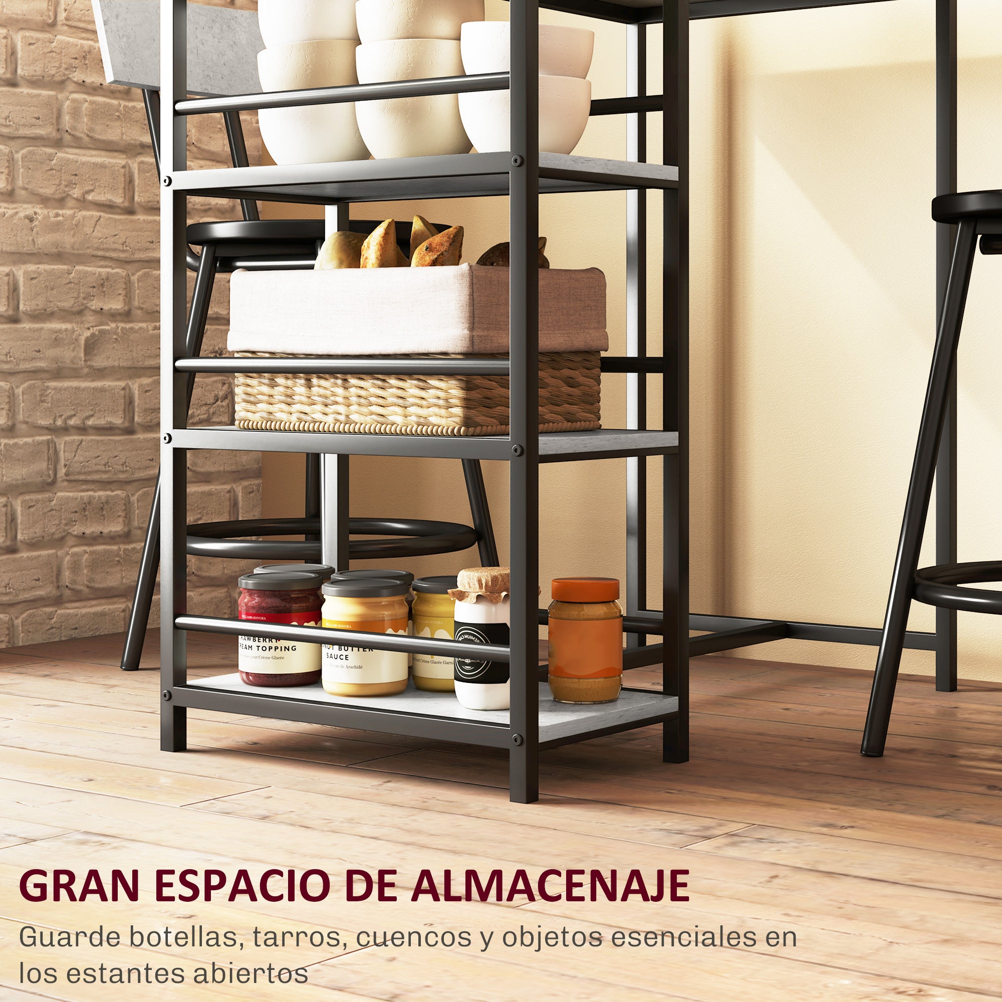 High Bar Table Set with 2 Stools High Kitchen Table with Stools Side Shelves Padded Seat and Footrest Bar for Dining Gray