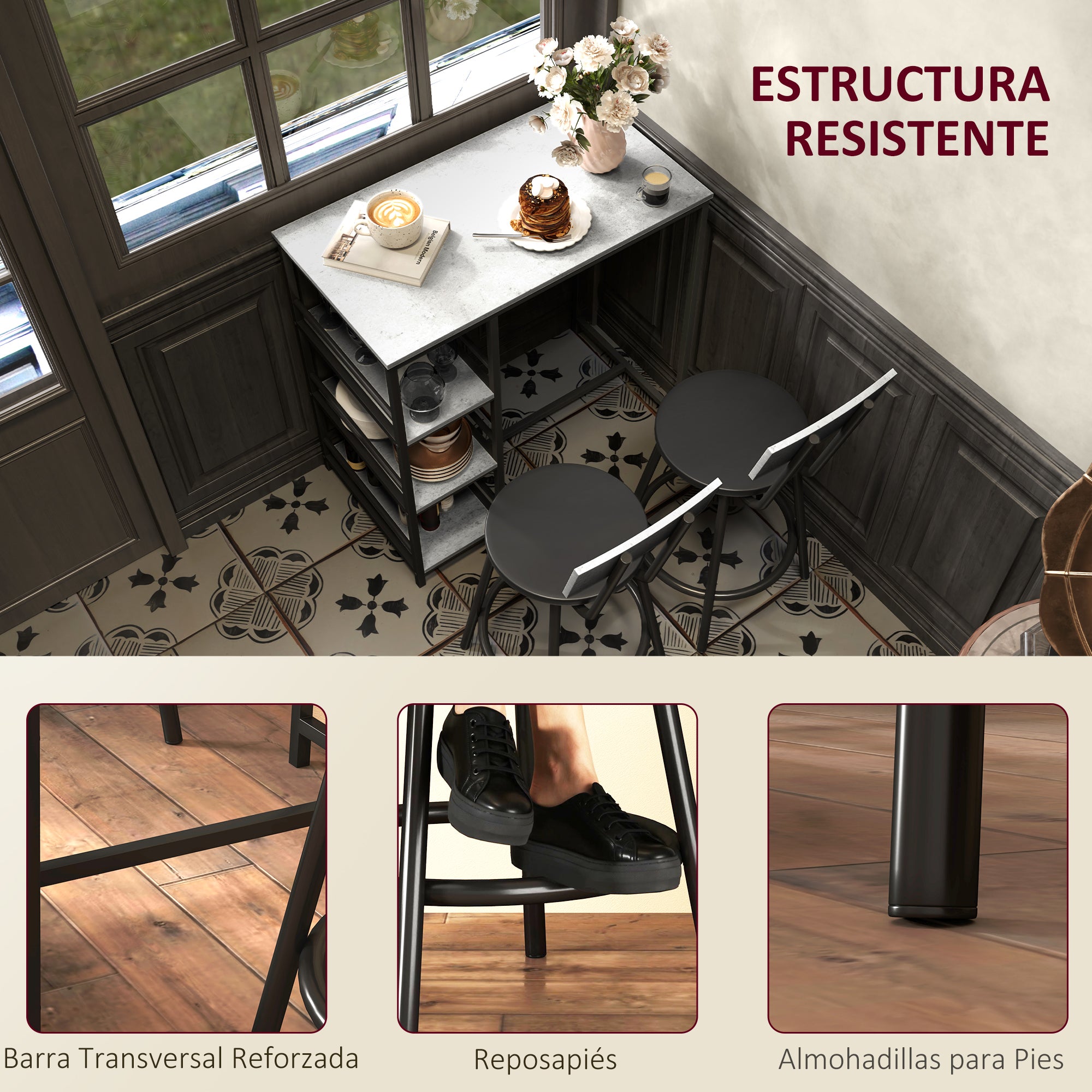 High Bar Table Set with 2 Stools High Kitchen Table with Stools Side Shelves Padded Seat and Footrest Bar for Dining Gray