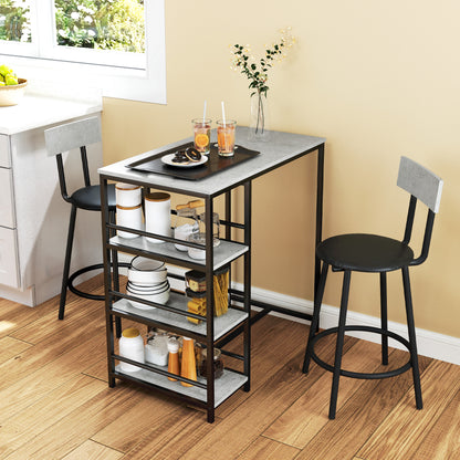 High Bar Table Set with 2 Stools High Kitchen Table with Stools Side Shelves Padded Seat and Footrest Bar for Dining Gray