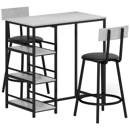 High Bar Table Set with 2 Stools High Kitchen Table with Stools Side Shelves Padded Seat and Footrest Bar for Dining Gray
