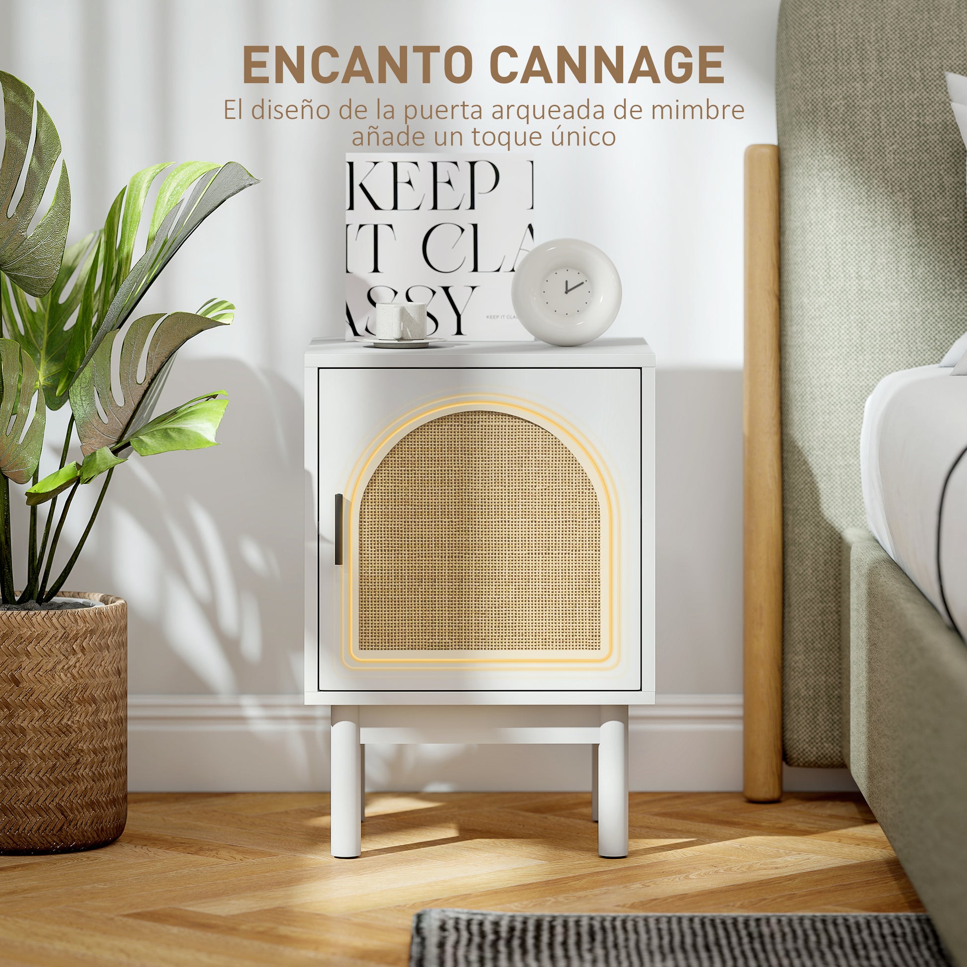 Nightstand Bedside Table with Rattan Door Adjustable Shelf and Wood Legs Bohemian Style Side Table for Living Room Bedroom 40x35x58 cm White