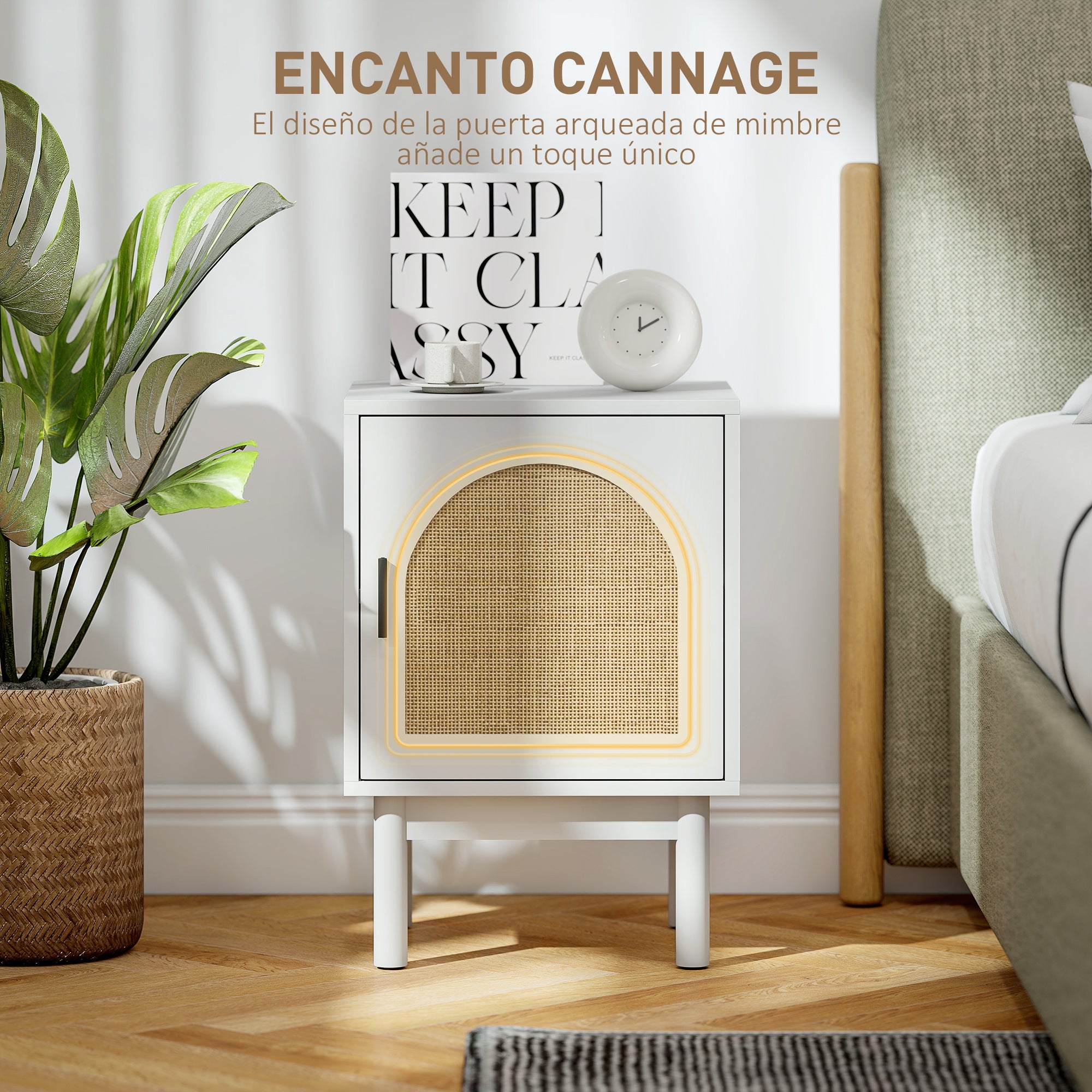 Nightstand Bedside Table with Rattan Door Adjustable Shelf and Wood Legs Bohemian Style Side Table for Living Room Bedroom 40x35x58 cm White